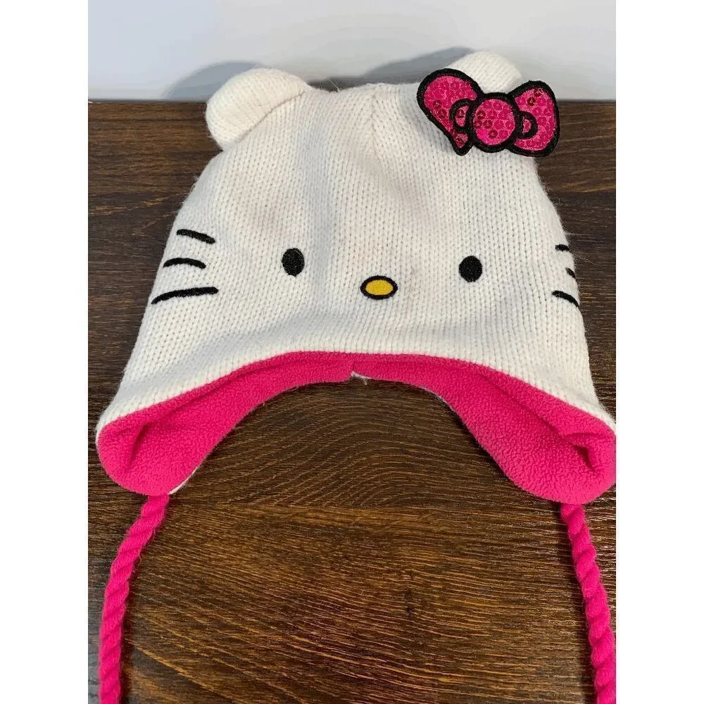 Sanrio Hello Kitty Tassle Knit Girls Beanie Bow Acrylic Pink White Size 4-16